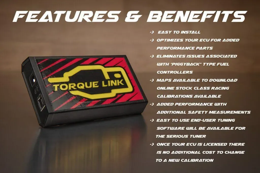 Torque Link device with features and benefits listed. Black, red, and yellow colors.